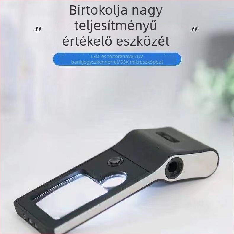 Többfunkciós telefon-stílusú nagyító LED-lámpával, 515× nagyítás, 3 nagyítási fokozat és mikroszkópos látvány.