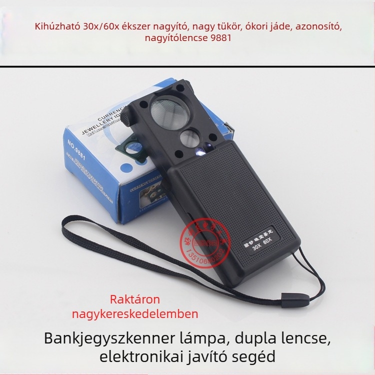 Kézben tartható nagyító dupla lencsével 30x/60x, kihúzható lencsével az antik jade és ékszerek azonosításához, hatásos átmérők 12 mm és 21 mm, ABS műanyag + optikai lencse