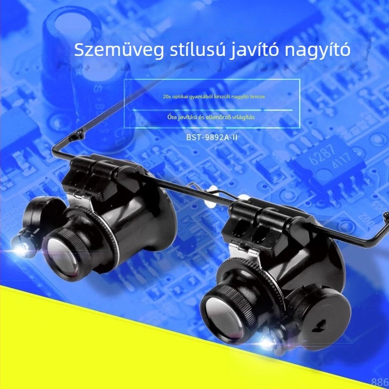 Órászerviz fejre szerelt nagyító LED világítással, 23x és gravírozott antik szemlencse, HD nagyítás