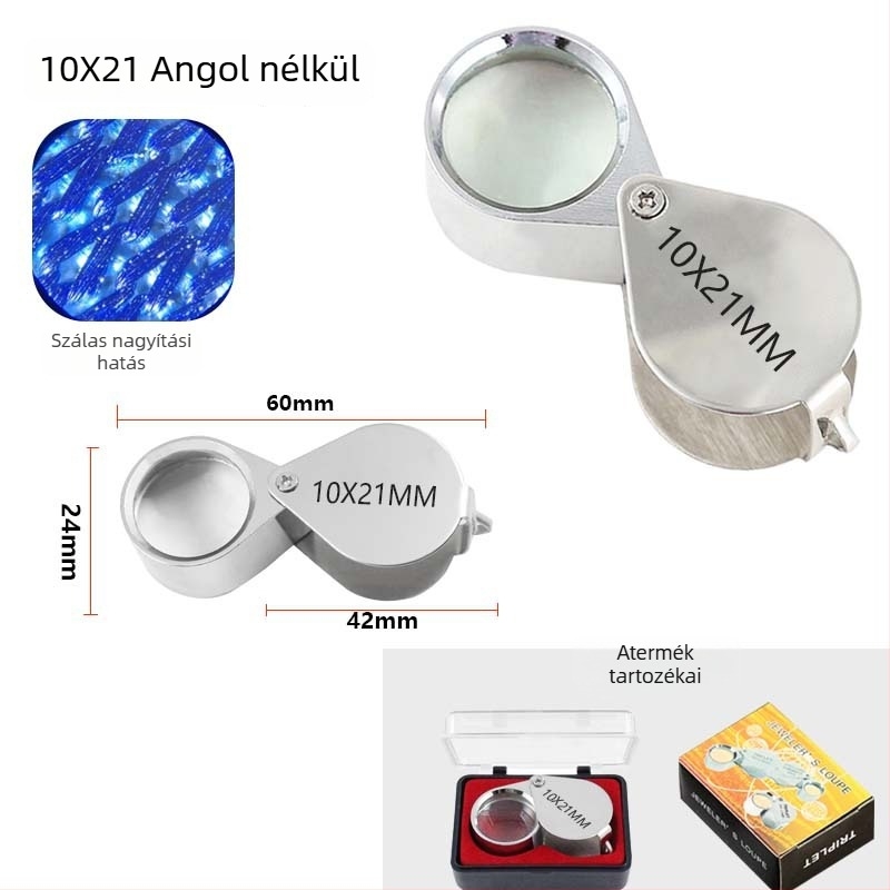 Chuda Ékszerek azonosító nagyító, kettős 10x/20x nagyítás, üveg lencse, összecsukható fém kivitel, hordozható kézi
