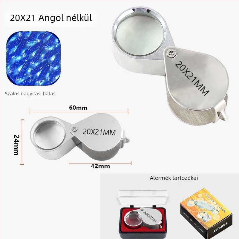Chuda Ékszerek azonosító nagyító, kettős 10x/20x nagyítás, üveg lencse, összecsukható fém kivitel, hordozható kézi