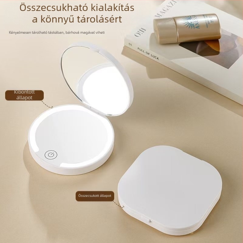 Kettős oldalú LED sminktükör nagyítóval, világító, összecsukható, hordozható, négyszögletes és kerek formájú