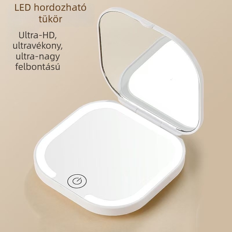 Kettős oldalú LED sminktükör nagyítóval, világító, összecsukható, hordozható, négyszögletes és kerek formájú