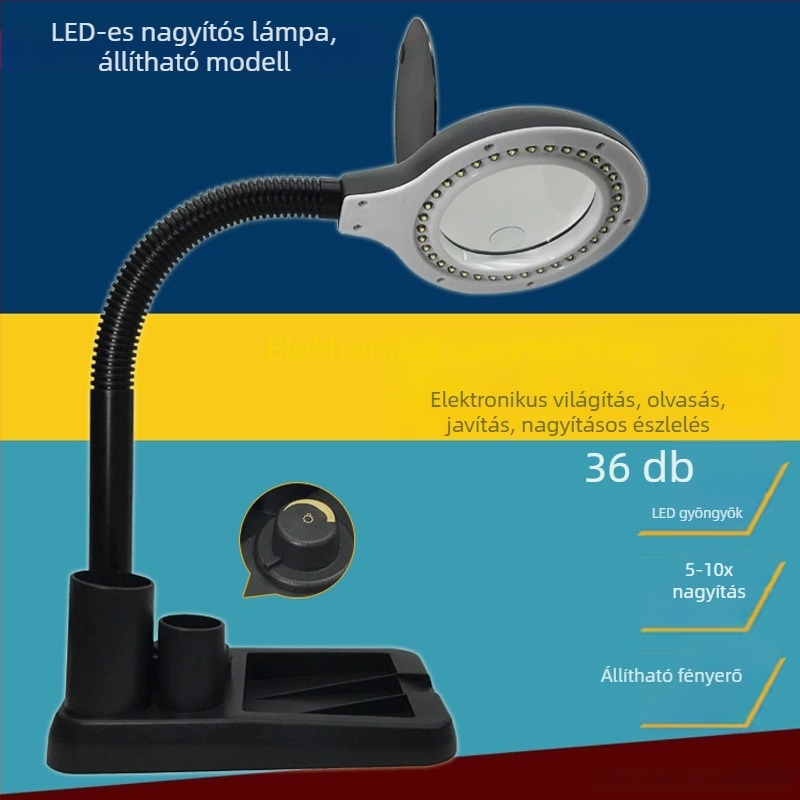Erős LED-es világítással ellátott nagyítóasztali lámpa mobiltelefon javításához, elektronikai munkákhoz, nyomtatott áramkörök és ékszerértékeléshez