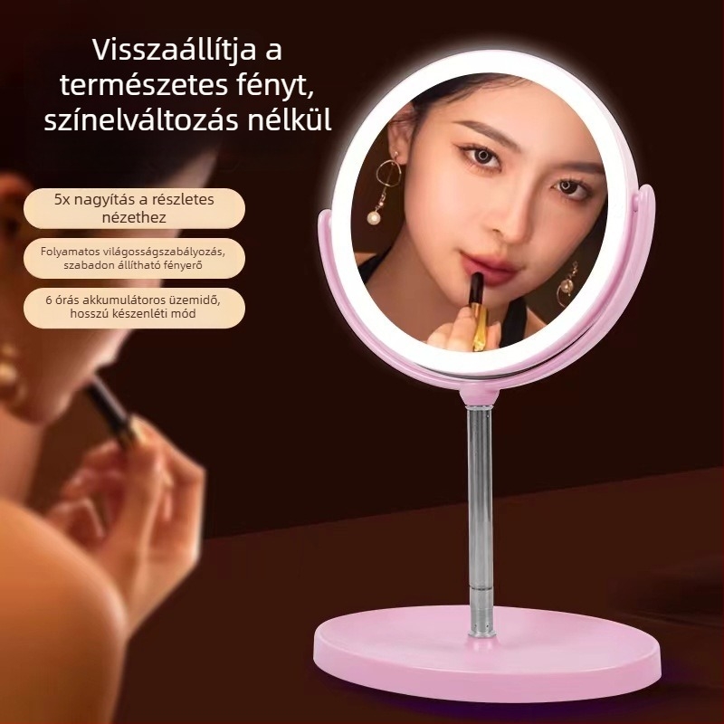 Asztali dupla oldalú sminktükör, 5x nagyítás, állítható magasság, kihúzható kar