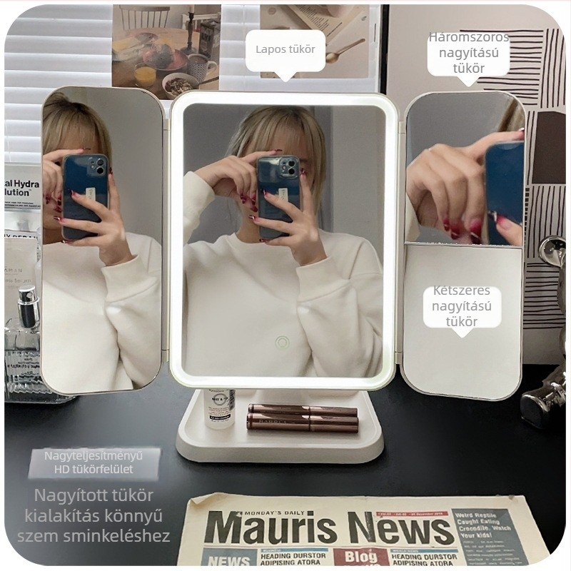 Asztali smink-tükör, összecsukható kivitel, ABS keret, nem elektromos, nappaliba alkalmas