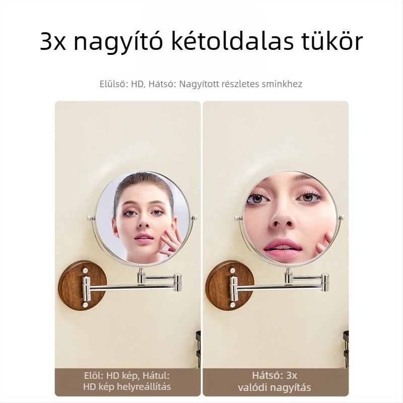 Falihoz szerelhető, kihúzható sminktükör összecsukható kerettel és üveglappal, elektromos
