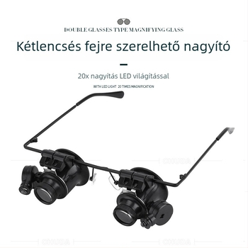 Fejre szerelt binokuláris nagyító LED-del, 20x, ékszerek azonosítására és áramkörök PCB‑k ellenőrzésére