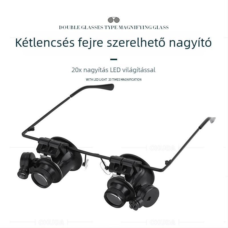 Fejre szerelt binokuláris nagyító LED-del, 20x, ékszerek azonosítására és áramkörök PCB‑k ellenőrzésére