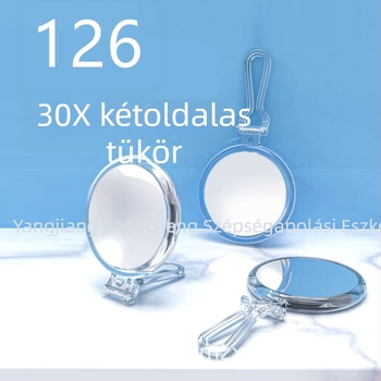126 mm-es kétoldalas kézi sminktükör 10x/20x/30x nagyítással, összecsukható, akasztós kivitel.