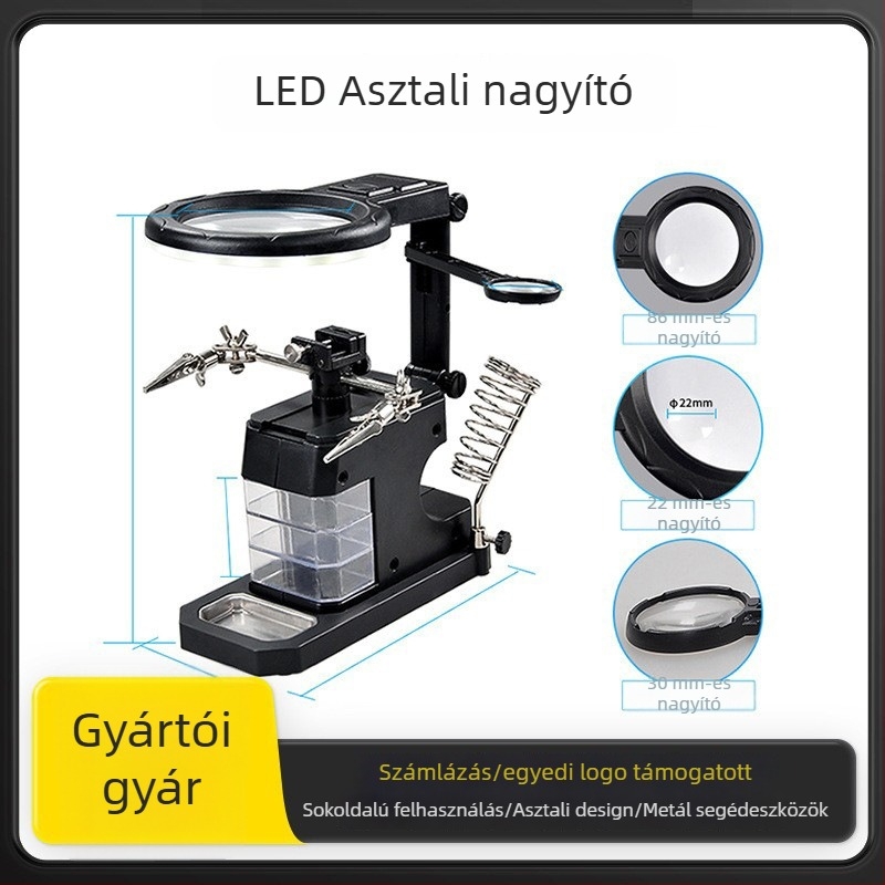 LED-illuminált fémcsipesz nagyítóval PCB-javításhoz és forrasztáshoz