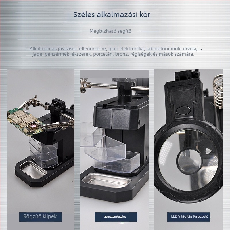 LED-illuminált fémcsipesz nagyítóval PCB-javításhoz és forrasztáshoz