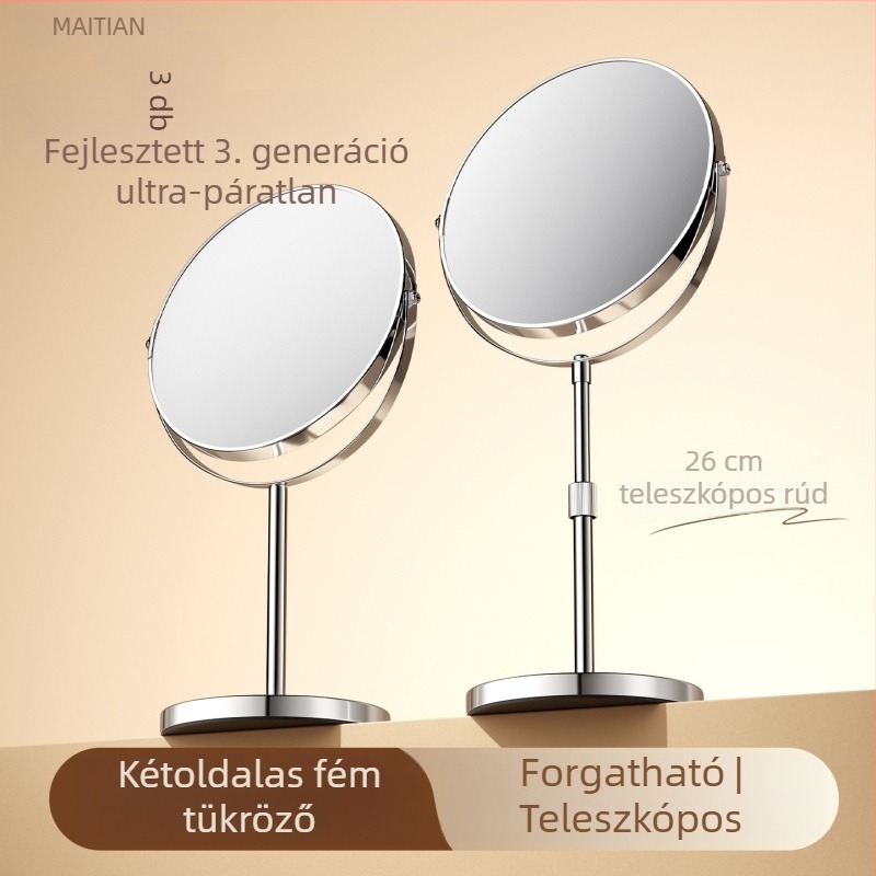 Asztali smink tükör, kétoldalas, állítható magasságú, nagyító lencsével, fém kerettel