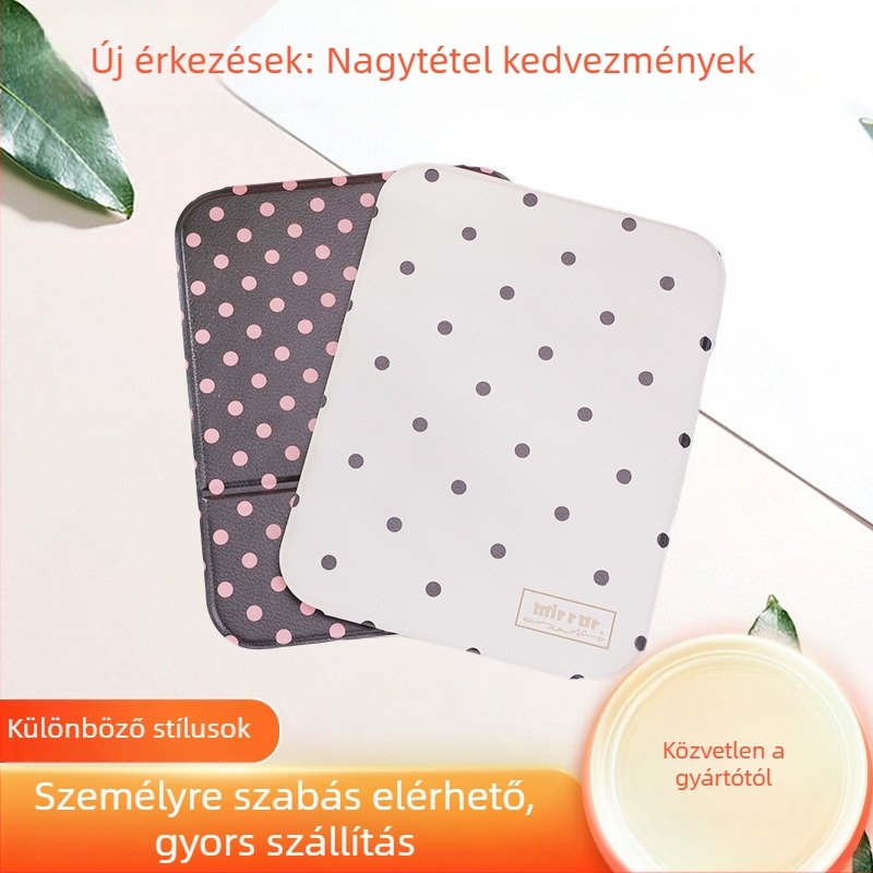 Összecsukható pöttyös tükör PU kerettel; hordozható zsebtükör sminkeléshez nagyítással; logónyomás és személyre szabás elérhető