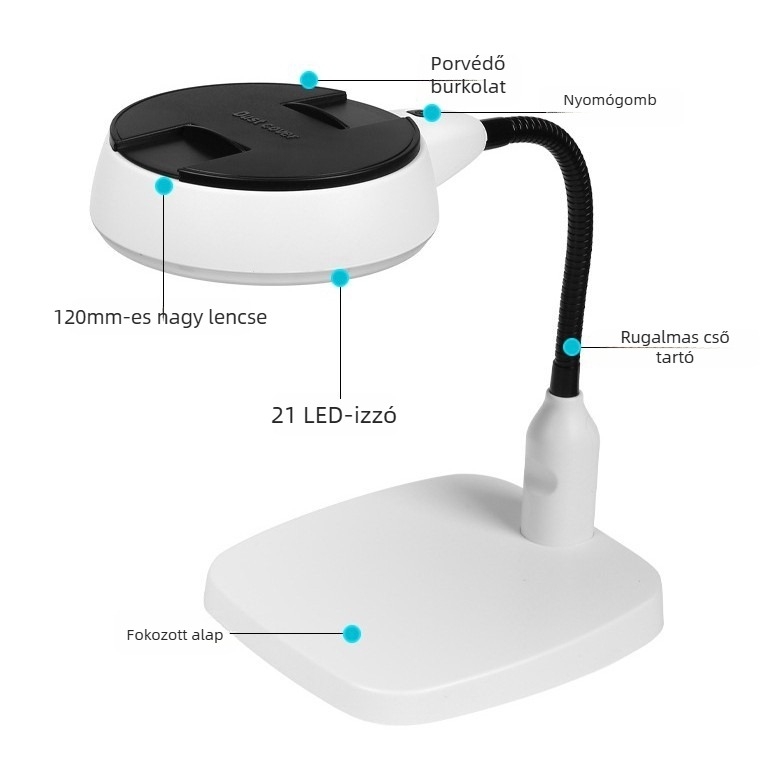 Asztali nagyító 21 LED-es megvilágítással, 10x HD nagyítás, rugalmas kar, porvédő sapka