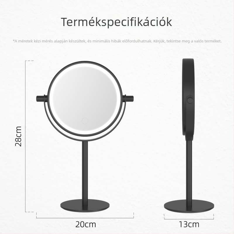 Asztali sminktükör világítással, forgatható kétoldalú tükör, 2x nagyítás, fém keret