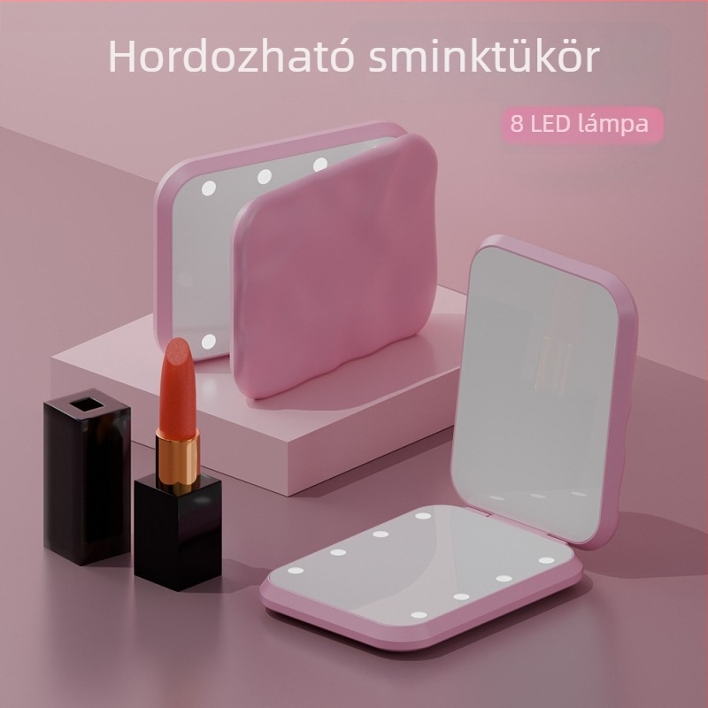 Hordozható LED sminktükör, ultra vékony, összecsukható, 2× nagyítás, 8 LED-del
