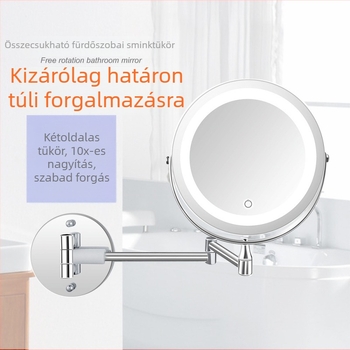 LED fürdőszobai sminktükör világítással, összecsukható, kétoldalas, falra szerelhető, USB töltés, érintéses fényerő-szabályzás, 10x nagyítás