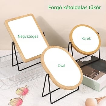 Fa keretes íróasztali tükör, kettős oldalú, forgatható, kör alakú nagyító.