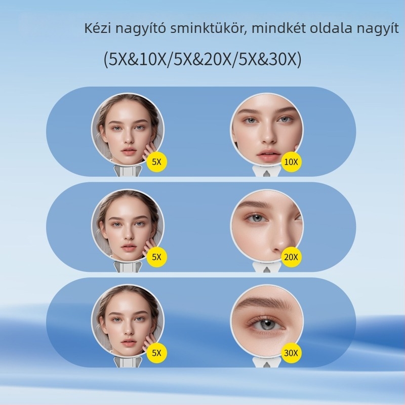 Kétoldalas LED sminktükör — kézi, asztali és falra szerelhető, nagyító részletekhez világítással