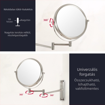8 hüvelykes összecsukható teleszkópos sminktükör, kétoldalas nagyítással, falra szerelhető