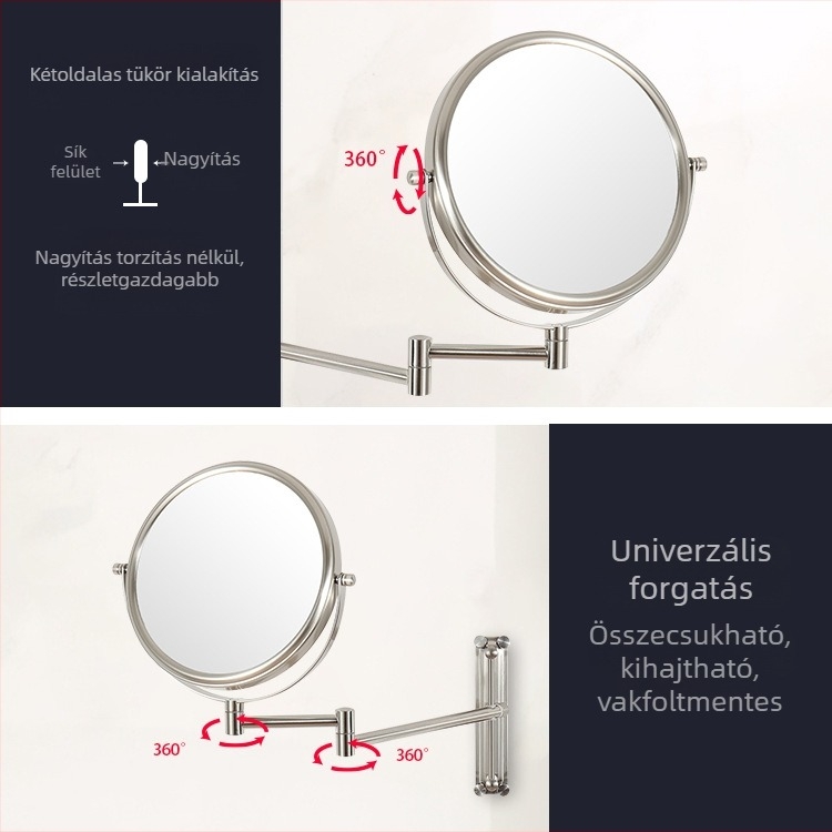 8 hüvelykes összecsukható teleszkópos sminktükör, kétoldalas nagyítással, falra szerelhető