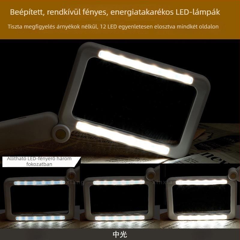 Újratölthető 12 LED-es kézi olvasó nagyító időseknek, összecsukható téglalap alakú nagyítóval, akkumulátor kijelzővel és érintéses vezérléssel