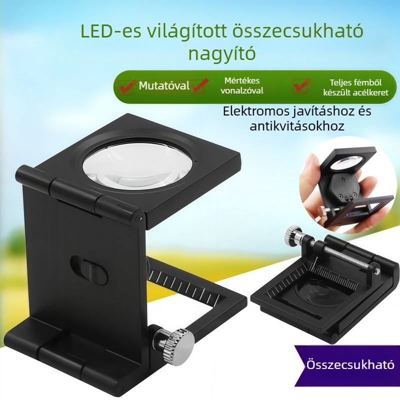 Összecsukható 10x nagyító mérőskálával, LED világítással és mutatóval