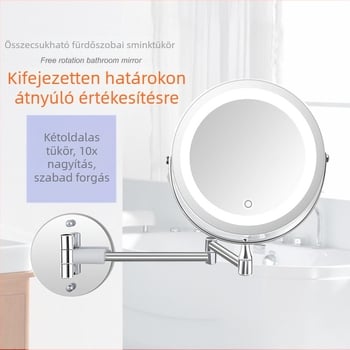 LED világításos sminktükör a fürdőszobába, összecsukható, kétoldalas falra szerelhető, USB töltés, érintéses fényerő-szabályzás, 10x nagyítás