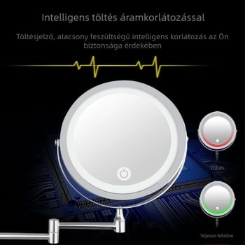 LED világításos sminktükör a fürdőszobába, összecsukható, kétoldalas falra szerelhető, USB töltés, érintéses fényerő-szabályzás, 10x nagyítás