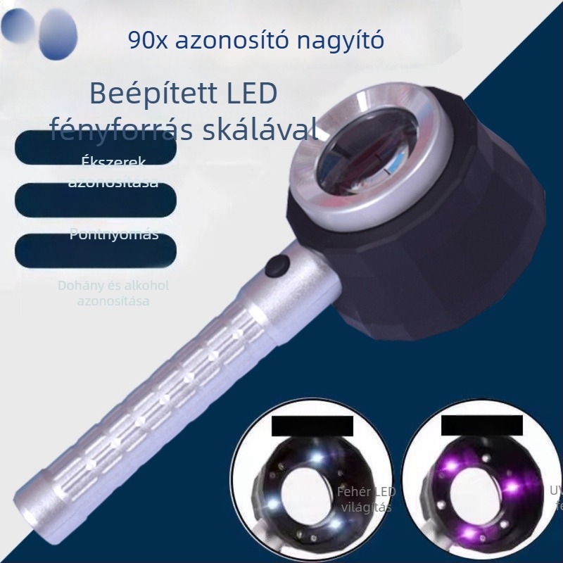 Sz-3 kézi nagyító, 10x nagyítás, kettős fényű világítás (fehér és lila), fém keret, két lencse, mérőskála