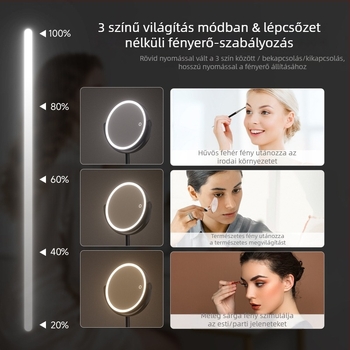Fali összecsukható sminktükör LED világítással, dupla oldalú nagyítással, fúrás nélküli telepítés