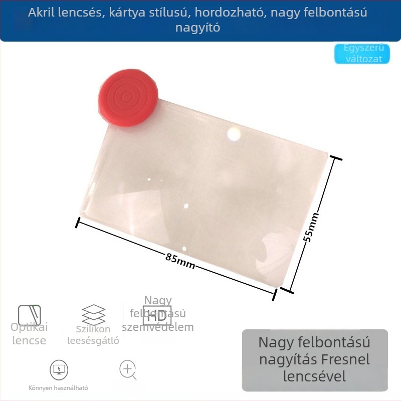 Akril Fresnel-lencsés nagyító kártya idős és gyerekek számára, egyszerű csomagolás, nagy felbontású