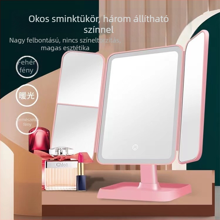 Vékony, nagy méretű dupla ajtós sminktükör, erős LED világítással, összecsukható és érintésérzékelős