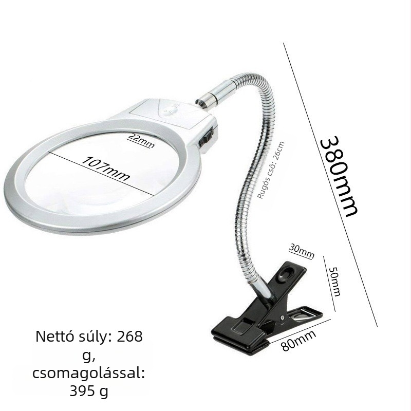 Klipszes nagyító LED-világítással – Fém asztali lámpa olvasáshoz