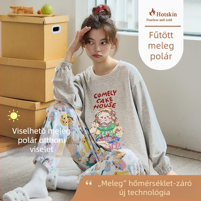 2025 új bordázott bársony meleg pizsama szett nőknek és lányoknak, rajzfilm mintával, hosszú ujjú pulóverrel, otthoni viselet, külső viselésre is alkalmas