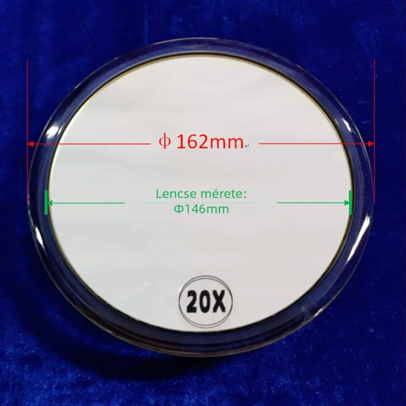 Sminktükör szívófejes rögzítéssel, 10x–30x nagyítás, akril keret, üveg lencse, fürdőszobai használatra