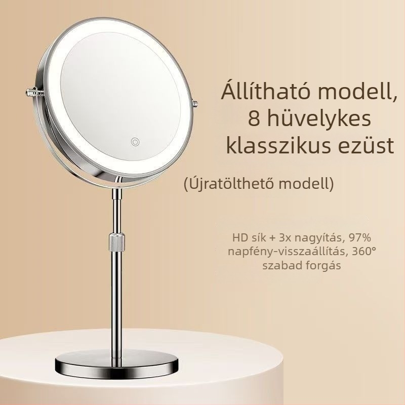 Kétoldalas sminktükör világítással, emelhető, fémből készült asztali sminktükör, 10x/30x nagyítás