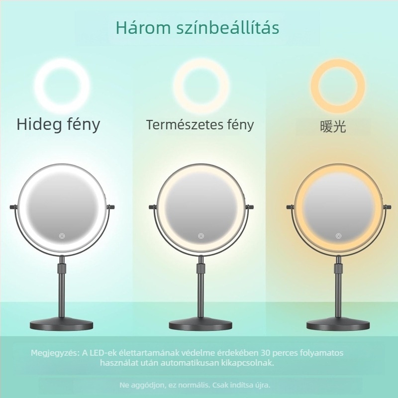 Kétoldalas sminktükör világítással, emelhető, fémből készült asztali sminktükör, 10x/30x nagyítás