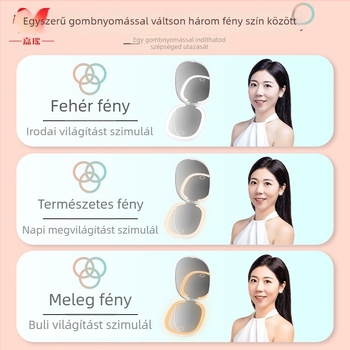 Összecsukható LED zsebtükör, kétoldalas, 3× nagyítás, állítható fényerő