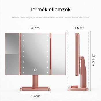 LED háromrészes sminktükör tárolóval – asztali szépség tükör világítással, testreszabható logó és anyagok