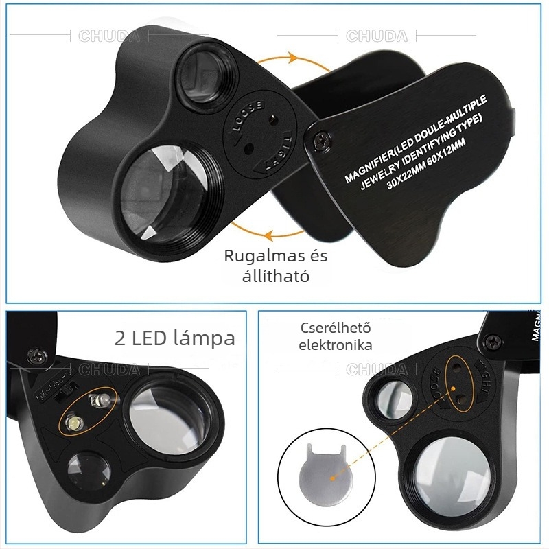 LED nagyító ékszerekhez és gyémántokhoz, kettős lencsékkel, 30x/60x, jáde vizsgálatra, díszdobozban