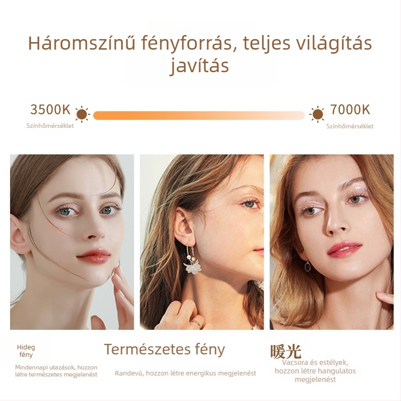 Kerek asztali sminktükör háromszínű világítással, újratölthető, nagyító opcióval