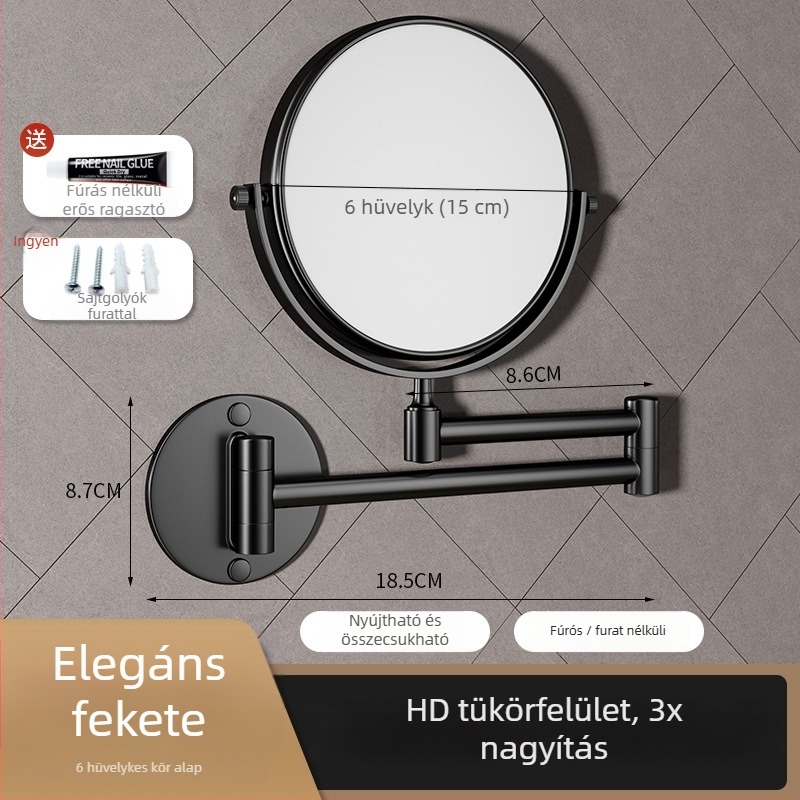 Fali fürdőszobai tükör megvilágítással, összecsukható és teleszkópos, kétoldalas alumínium tükör