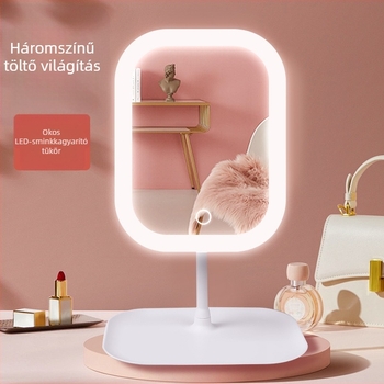 Asztali LED kozmetikai tükör érintéses vezérléssel, háromfokozat fényerő-szabályozás, tál alakú alap, négyzetes forma, újratölthető világítás