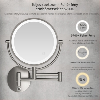 Sminktükör 10x nagyítással, összecsukható és teleszkópos, falra szerelhető, fúrás nélküli, beépített világítással