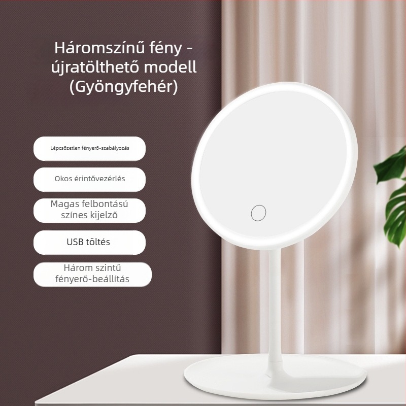 LED asztali sminktükör, állítható, PU keret, alumínium tükör, egyedi logó