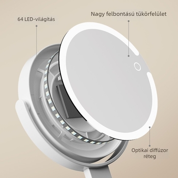 LED fürdőszobai tükör, 360°-os forgás, kétoldalas megvilágítással, 1X/10X nagyítás, falra szerelhető, fúrás nélküli telepítés