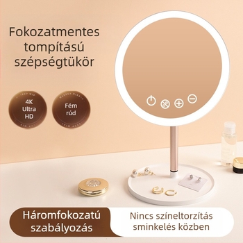 LED sminktükör asztali tartóval és beépített fénnyel, hordozható HD tároló tükör
