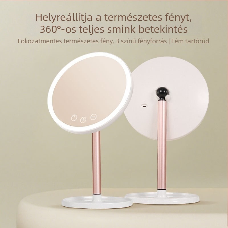 LED sminktükör asztali tartóval és beépített fénnyel, hordozható HD tároló tükör